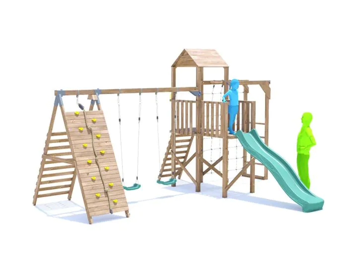 17x14 BalconyFort Climbing Frame with Swings Platform Climbing Wall Monkey Bars Cargo Net Slide