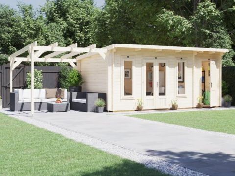 Vampire 45mm Log Cabin with Store Room & Pergola from Dunster House.
